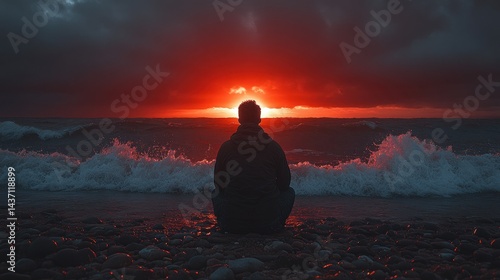 Solitary figure meditates on a dramatic sunset beach
