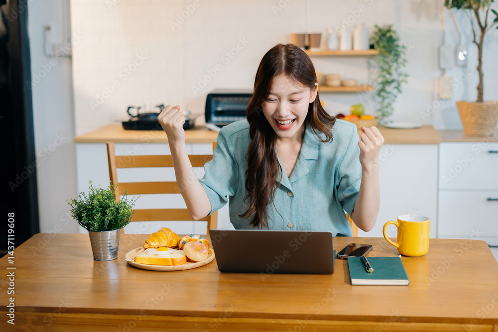 Successful, happy woman working online from home, lifestyle and small business. Successful, happy woman working online from home, lifestyle and small business.