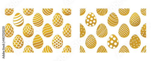 A collection of three Easter eggs in golden silver and bronze hues beautifully adorned is displayed on a gray backdrop perfect for adding text or other elements This contemporary and restrained Easte