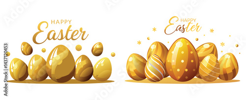 A collection of three Easter eggs in golden silver and bronze hues beautifully adorned is displayed on a gray backdrop perfect for adding text or other elements This contemporary and restrained Easte