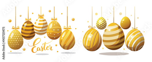 A collection of three Easter eggs in golden silver and bronze hues beautifully adorned is displayed on a gray backdrop perfect for adding text or other elements This contemporary and restrained Easte
