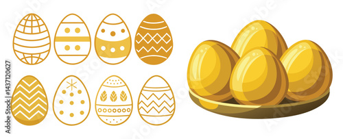 A collection of three Easter eggs in golden silver and bronze hues beautifully adorned is displayed on a gray backdrop perfect for adding text or other elements This contemporary and restrained Easte