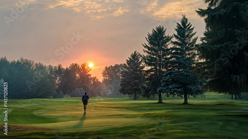 A man jogs on a golf course at sunrise.  Misty morning light filters through trees