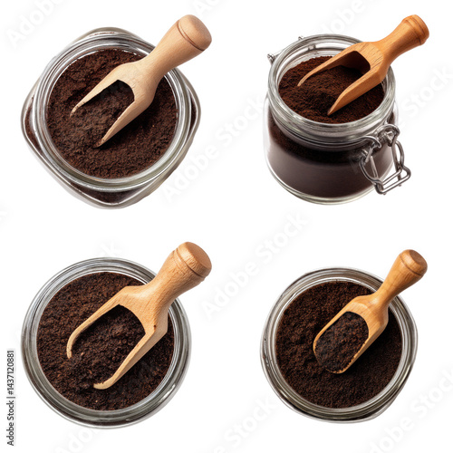 Glass Jar Ground Coffee Wooden Scoop White Background