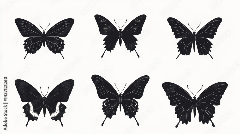 Six black butterfly silhouettes; nature, wildlife, insect, design, background Six black butterfly silhouettes; nature, wildlife, insect, design, background