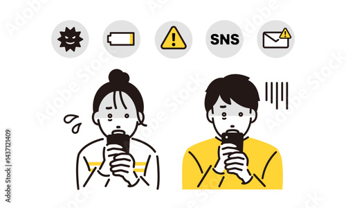 スマホの画面を見て困る若い男女