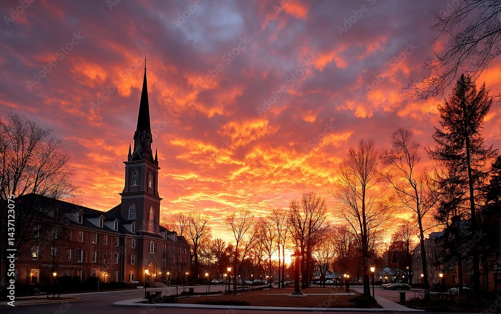 Fototapeta premium Fiery sunrise silhouettes a historic church