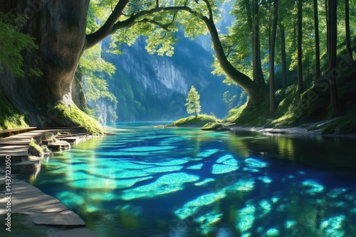 Wallpaper Mural Tranquil alpine lake nestled within a lush forest. Sunlight filters through the trees, casting shimmering patterns on the crystal-clear water Torontodigital.ca