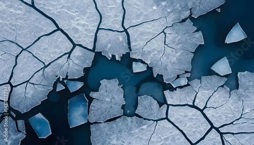 Aerial View of Cracked Ice on Dark Blue Water Abstract Winter Texture