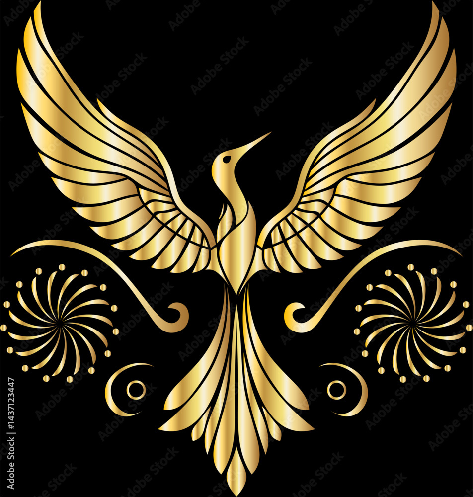 Obraz premium Majestic Golden Phoenix Vector on Black Background, Elegant golden phoenix with spread wings, symbolizing rebirth and immortality, perfect for luxury and mythology themes.