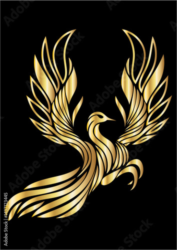 Golden Phoenix Bird Illustration – Symbol of Rebirth, Shining gold phoenix art, a powerful emblem of renewal, strength, and eternal spirit.