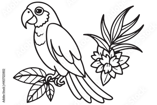 Elegant Parrot Coloring Page, Detailed Bird Illustration with Flowers, Perfect for Relaxation