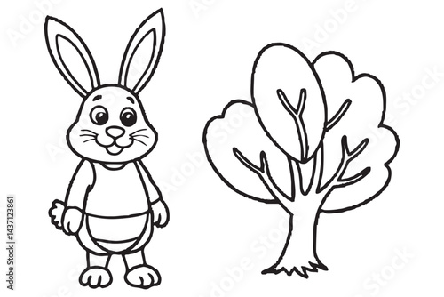 Cute Bunny and Tree Illustration, Adorable Line Art for Coloring, Perfect for Kids' Activities