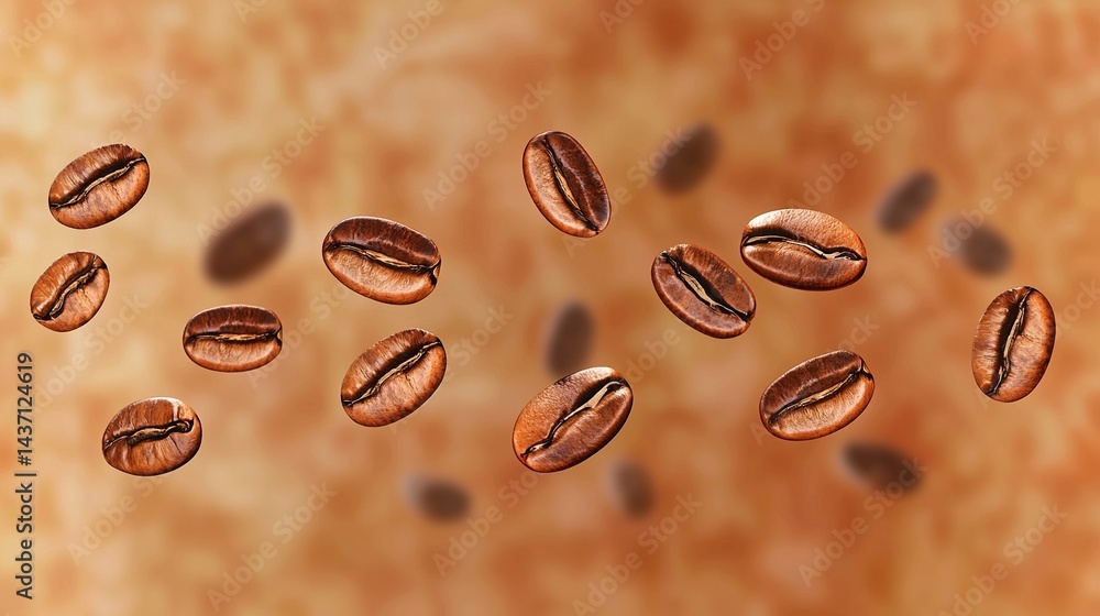 Dynamic floating coffee beans of various sizes and shapes against an abstract background, creating an energetic and fresh composition perfect for product promotions or vibrant interior decor. Dynamic floating coffee beans of various sizes and shapes against an abstract background, creating an energetic and fresh composition perfect for product promotions or vibrant interior decor.