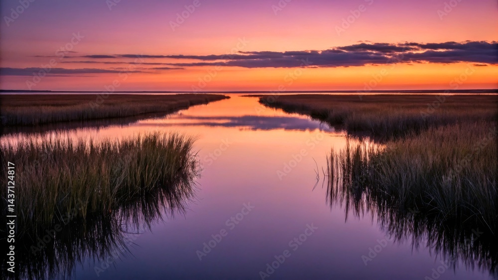 Serene Sunset Over Tranquil Marshland with Calm Waters and Lush Grasslands Serene Sunset Over Tranquil Marshland with Calm Waters and Lush Grasslands
