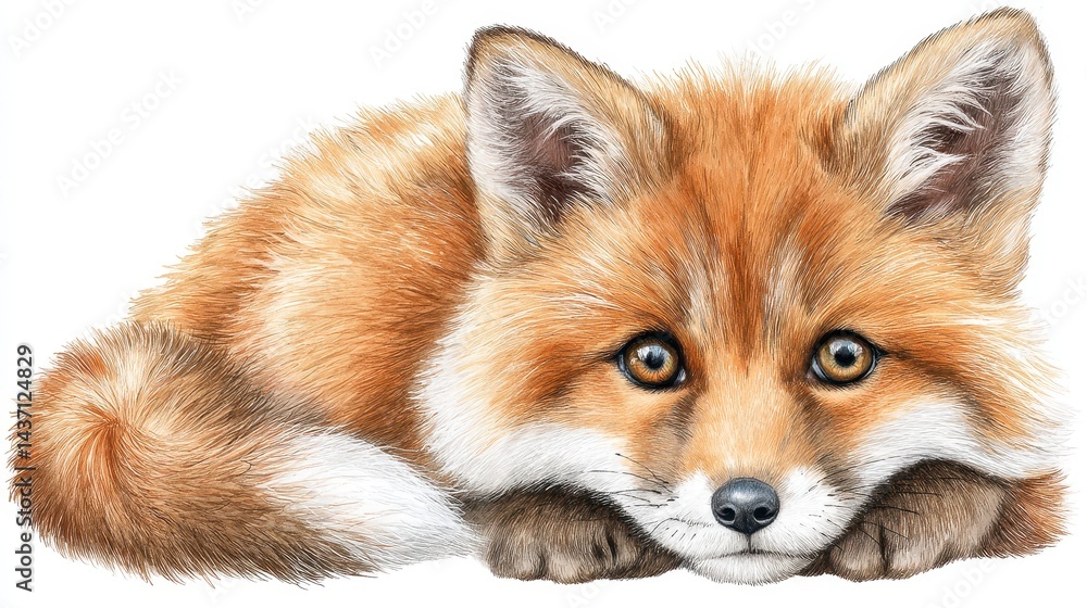 Fototapeta premium Adorable Red Fox Kit Resting on White Background