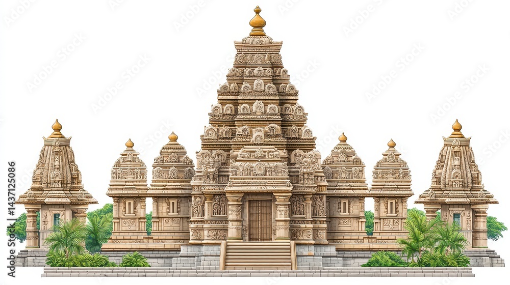 Fototapeta premium Intricate Beige Stone Temple with Multiple Towers Against White Background