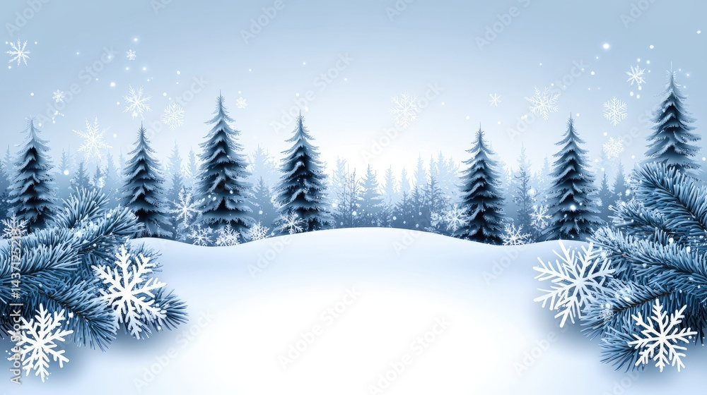 Winter Wonderland Scene with Snow-Covered Pine Trees and Snowflakes in Soft Blue Hues Winter Wonderland Scene with Snow-Covered Pine Trees and Snowflakes in Soft Blue Hues