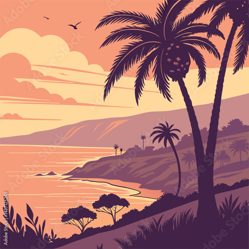 Coastal Landscape Vector Art - Palm Trees, Ocean View, Sunset Beach, Editable High-Quality Illustration for Commercial Use