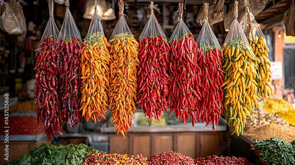 Fototapeta premium Colorful chili peppers hanging in bunches at a market.