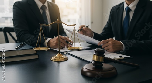 conceptual high-quality business legal themed stock photo featuring professional lawyers reviewing contract documents at desk alongside symbolic brass justice scale representing legal advice law