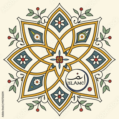 Islamic Geometric Art Vector - Ornate Design with Arabic Calligraphy and Floral Motifs, Editable High-Quality Illustration for Cultural and Religious Themes