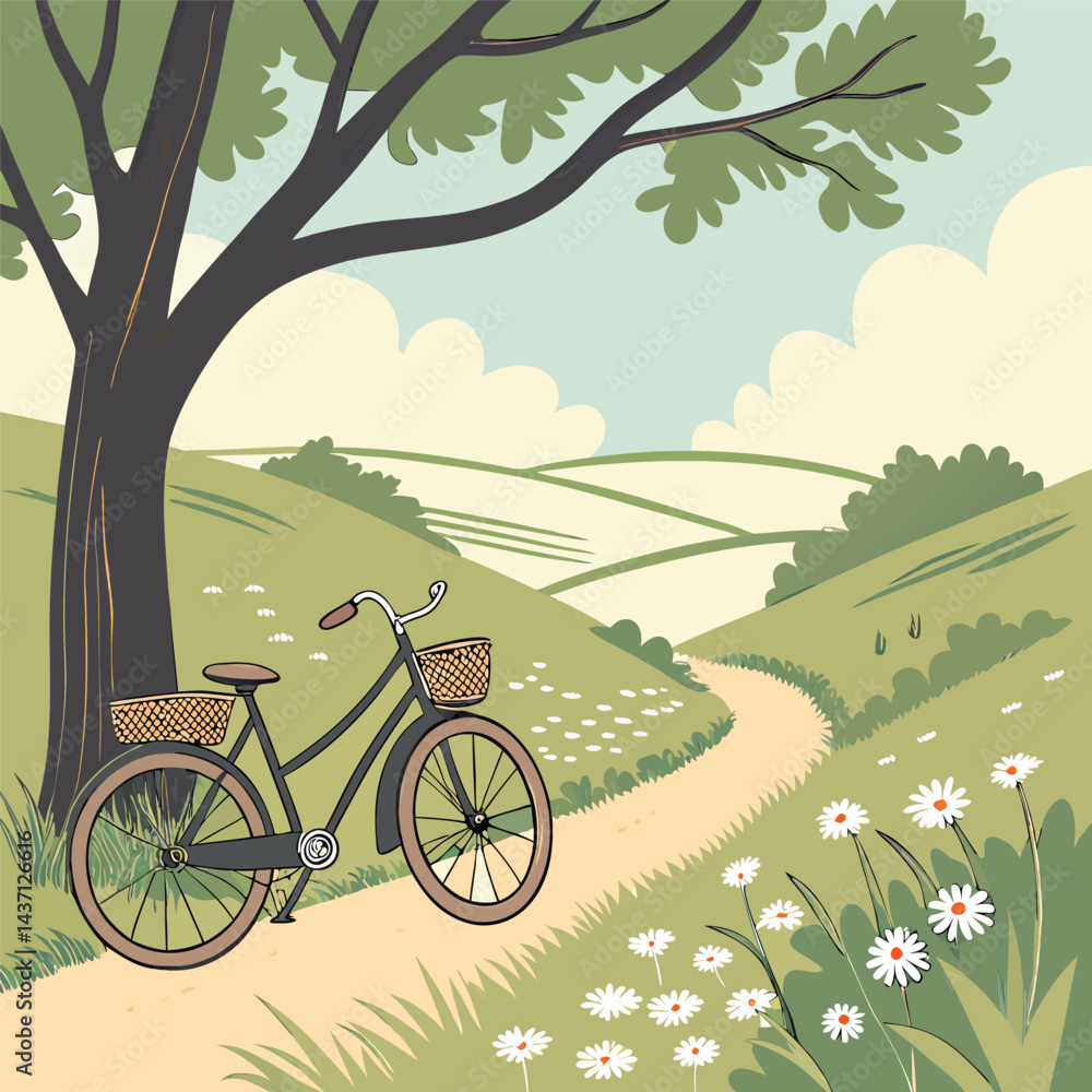 Obraz premium Nature Cycling Vector Art - Cyclist Riding on Scenic Path with Trees, Editable High-Quality Design for Outdoor Fitness and Adventure