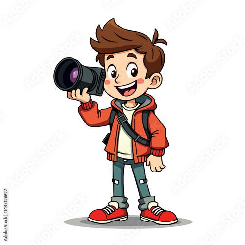 Happy Cartoon Boy Photographer with Camera 