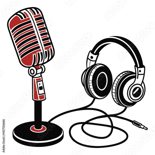 WebMicrophone and Headphones Vector Art - Classic Audio Equipment, Editable High-Quality Design for Music and Audio Recording Themes