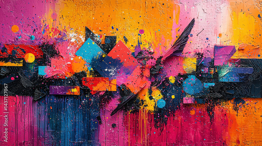 Fototapeta premium A canvas of vibrant chaos, where abstract shapes and colors collided, defying the boundaries of reality, offering an intriguing and thought-provoking backdrop for artistic pop art 