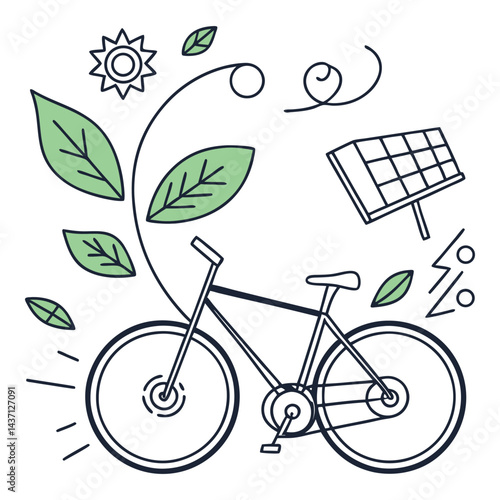 Eco-Friendly Bicycle Vector Art - Solar-Powered Bike with Leaves, Editable High-Quality Design for Sustainability and Green Energy