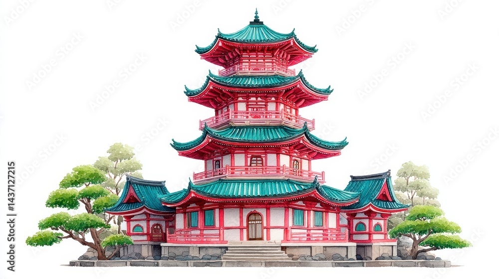 Fototapeta premium Red and Green East Asian Pagoda Illustration