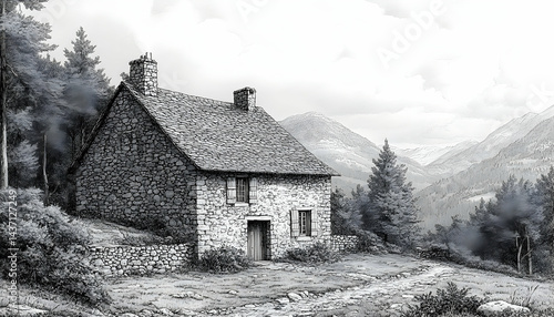 Wallpaper Mural Rustic stone cottage mountain landscape Torontodigital.ca