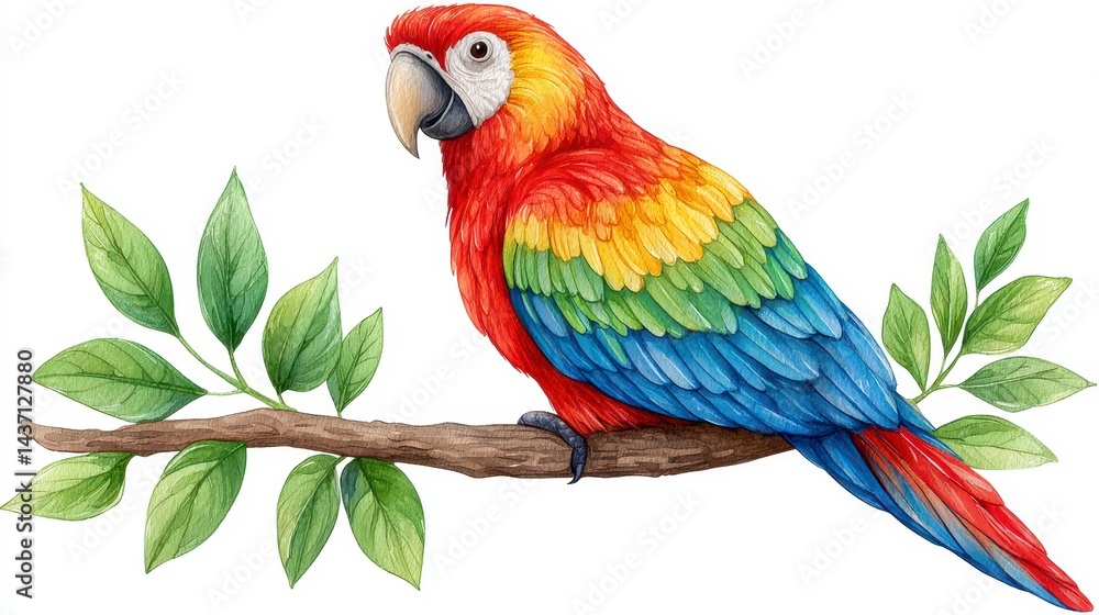 Obraz premium Vibrant Macaw Watercolor Painting on Branch with Green Leaves