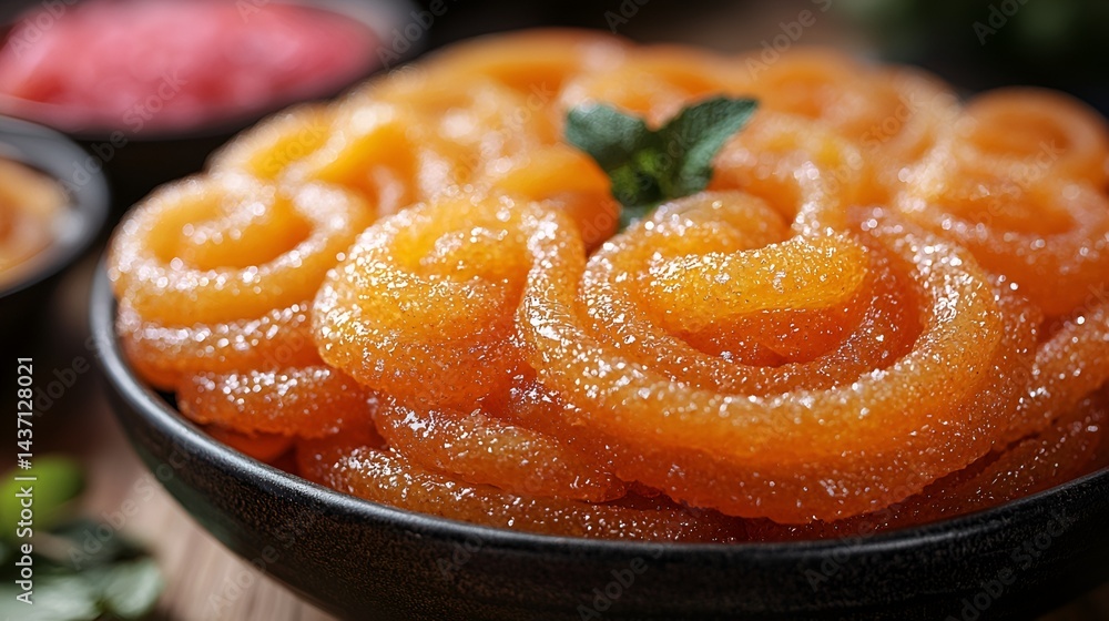 Close-up of Jalebi, a traditional sweet treat, arranged in a bowl, garnished with mint. Close-up of Jalebi, a traditional sweet treat, arranged in a bowl, garnished with mint.