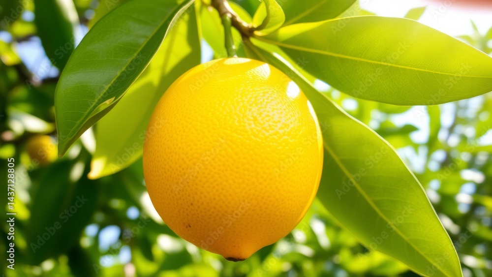 Close-up of a lemon growing on a tree, with natural sunlight creating highlights on the shiny yellow skin, surrounded by fresh green leaves. Sharp focus and no blur capture the vibrant details.
Close-up of a lemon growing on a tree, with natural sunlight creating highlights on the shiny yellow skin, surrounded by fresh green leaves. Sharp focus and no blur capture the vibrant details.