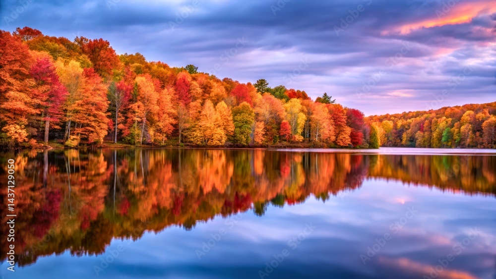 Obraz premium Stunning Autumn Landscape Reflecting Colorful Trees in Tranquil Lake at Sunset