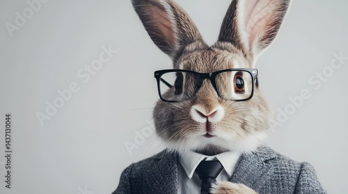 A rabbit in a suit and glasses looking directly at the viewer.