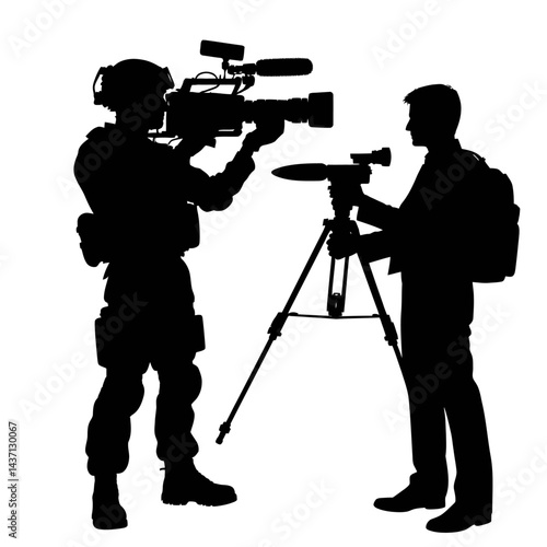 Reporter shooting cameraman silhouette black color vector isolated white background 