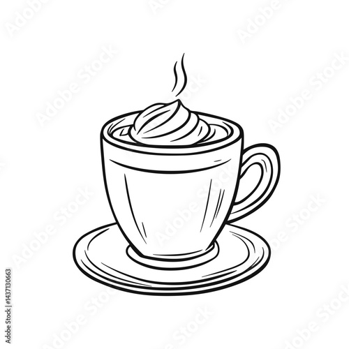 Line art coffee cup with whipped cream and steam rising  