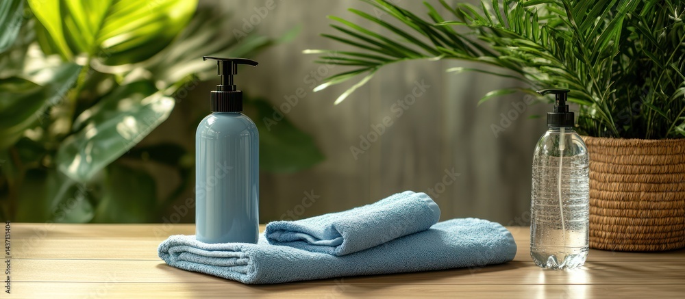 Fototapeta premium Light Blue Towels and Lotion Bottle by Plants