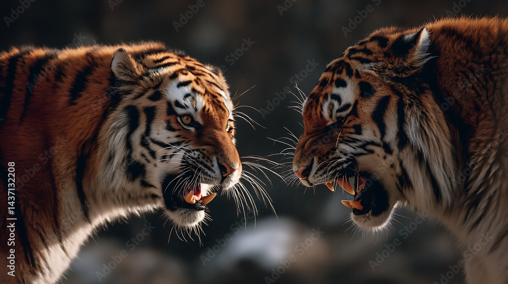 Obraz premium Two fierce tigers engage in a tense standoff in a natural habitat with blurred background