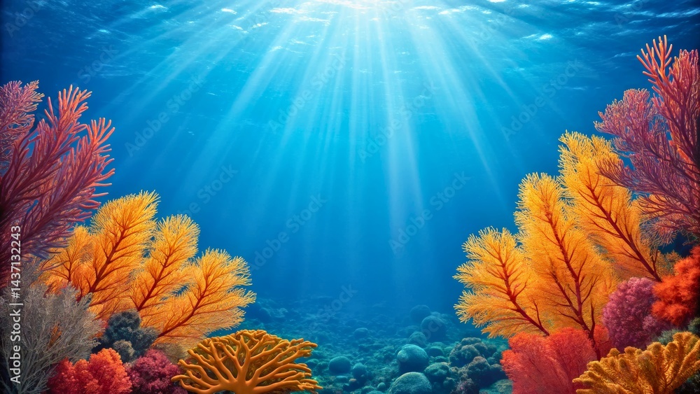 Naklejka premium Vibrant Underwater Scene with Colorful Coral and Sunlight Rays Illuminating Ocean Depths