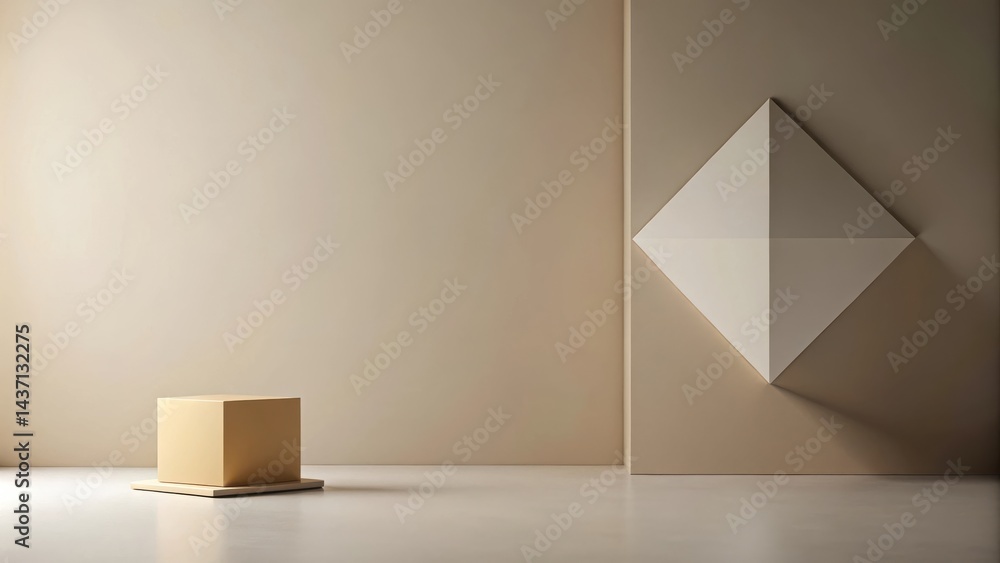 Fototapeta premium Minimalist Beige Room Interior Design with Geometric Wall Decor and a Platform