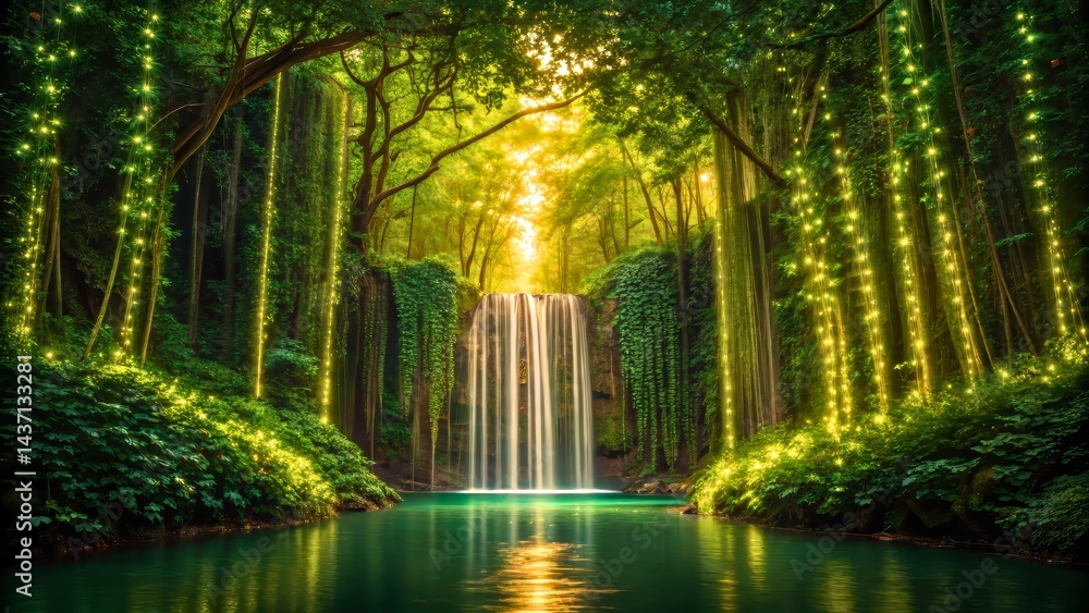 Lush Green Forest with Sparkling Waterfall and Enchanting Light Effects in Nature Lush Green Forest with Sparkling Waterfall and Enchanting Light Effects in Nature