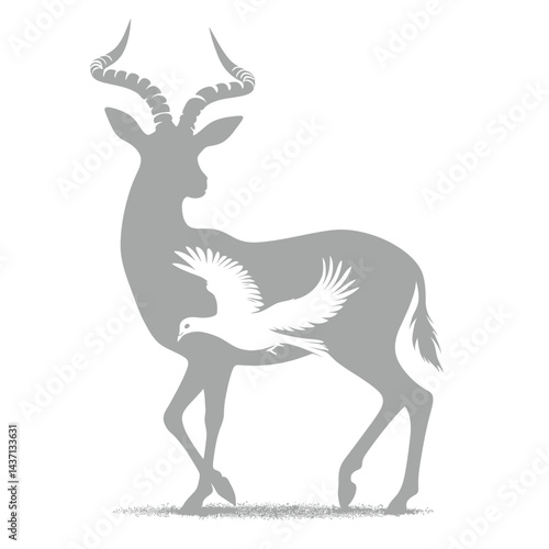 Silhouette of a gazelle fused with a pigeon, black on white background 