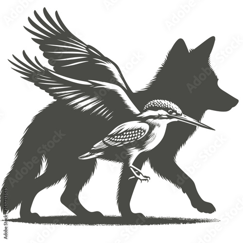 silhouette of a jackal combined with a kingfisher, black on white background 
