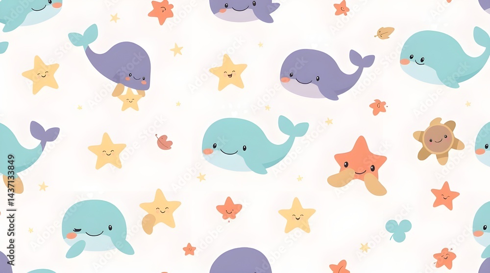 Obraz premium Cute Whale and Starfish Ocean Themed Pattern
