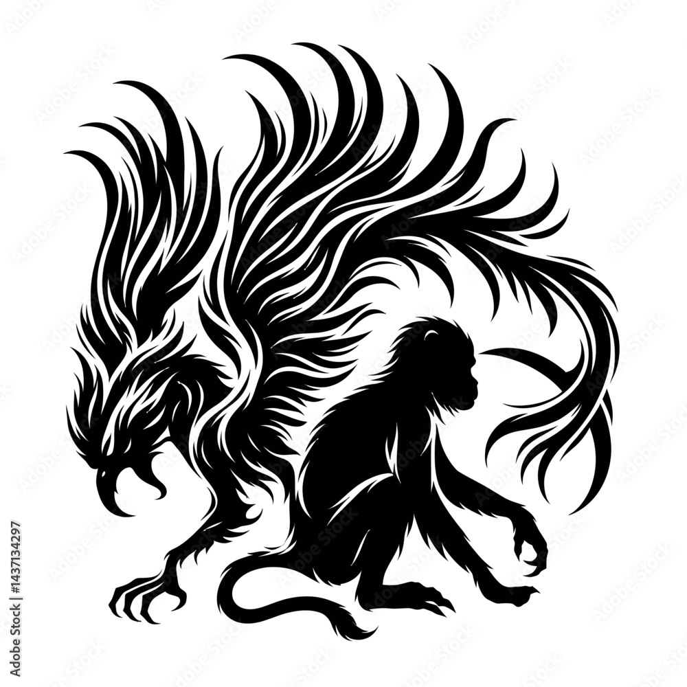 Fototapeta premium Silhouette of a monkey combined with a phoenix, black on white background