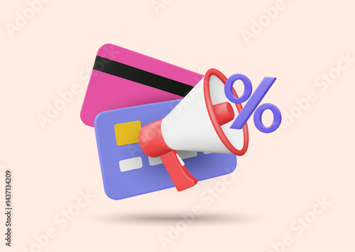 3D illustration vector render of credit card icon megaphone and percentage isolated on light color. Finance marketing topic concept, promotion campaign, privilege announcement, communication, discount